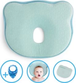 Baby IQ Orthopedisch Baby Hoofdkussen – Traagschuim – Tegen Plat Achterhoofd – Baby Kussen Plat Hoofd - Kraamcadeau – Blauw – Incl Gratis Bandana Slabber