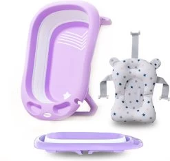 K IKIDO Babybadje Opvouwbaar - 3 In 1 Opvouwbaar - 83 × 48 × 23,5 Cm - Baby Badje - Peuterbadje - Babybadkuip -Inclusief Badkussen - Purper