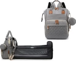 Humpy Dumpy Stijlvolle Luiertas Rugzak (Grijs) Met Uitschuifbaar Verschoon/ Slaap Bedje. Incl. Verschoon Matje, USB Poort & Buggy Straps