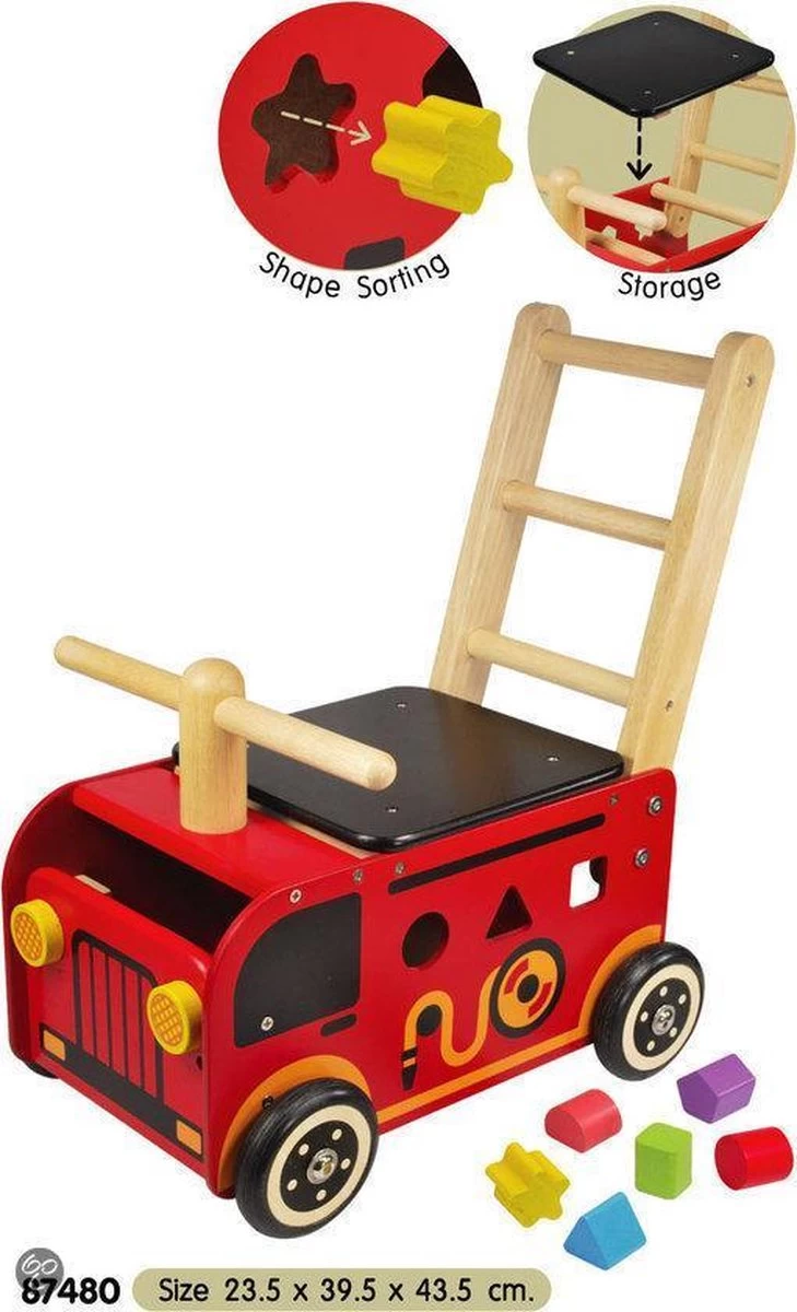 Houten Loopwagen Brandweer Met Blokken - I'm Toy 2 Houten Loopwagen Brandweer Met Blokken - I'm Toy - Afbeelding 2